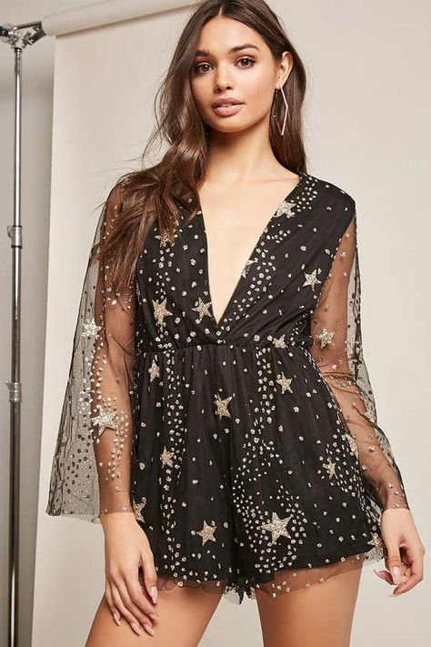 FOREVER 21 Sheer Mesh Star Glitter Romper Midnight Rain Outfit Aesthetic, Sparkly Romper Outfit, Celestial Concert Outfit, Pop Star Outfit Ideas, Midnight Era Outfits, Black Sparkly Romper, Eras Tour Outfits Midnights, Sparkly Romper, Celestial Party