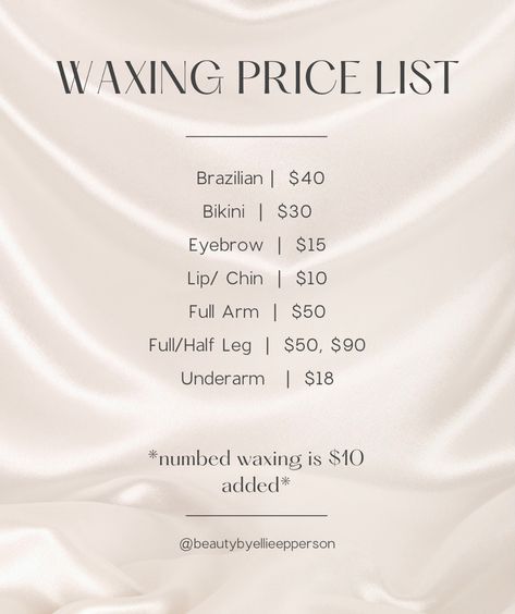 Waxing Price List Ideas, Price List Esthetician, How To Start A Waxing Business, Waxing Supplies List, Wax Price List, Esthetician Facial Price List, Waxing Suite Decor, Esthetician Prices, Esthetician Supply List