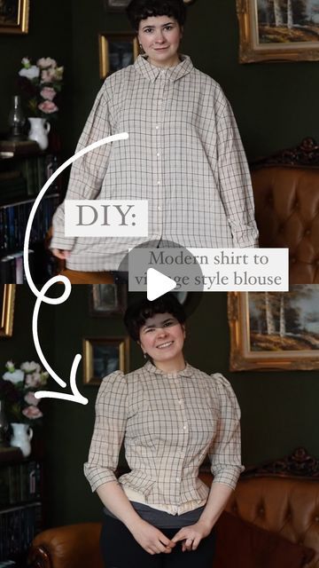 Tally Sharples on Instagram: "Let’s turn a modern shirt to a vintage style blouse. I’m using my trusted blouse pattern for this (Etsy, VintagePatternsSewingBI: Vintage 1930’s vintage sewing pattern: WWII Women’s suit) with the sleeve coming from the Sophie Hatter costume pattern I like to use (Etsy, FashionPatternStudio: Victorian Inspired daily dress). I was able to reuse the button front and the sleeves, so this entire process took me less than two hours ✨" Victorian Patterns Sewing, Victorian Shirt Pattern, Edwardian Blouse Pattern Free, Dark Academia Sewing Patterns, Victorian Blouse Pattern, Dark Academia Sewing Pattern, Victorian Sewing Patterns, Edwardian Blouse Pattern, Reworking Clothes