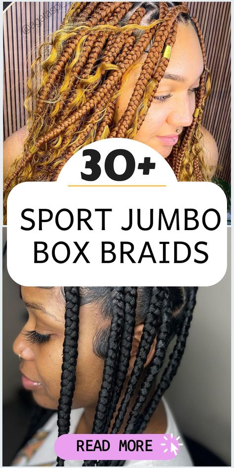 Upgrade your hairstyle with chic jumbo box braids that effortlessly blend style and practicality. Perfect for an active lifestyle, these sporty braids provide a trendy and athletic appearance that is versatile and easy to maintain. Stay on top of your game whether you're hitting the gym or tackling your daily tasks. Embrace an athletic chic look with these fashionable braids! 15 Box Braids Hairstyles, Mixed Hair Braided Hairstyles, Huge Box Braids, Long Braided Hairstyles For Black Women, Box Braids For White Women, Large Braids For Black Hair, Classy Braids Black Women, Large Box Braids Styles, Simple Braids For Black Women