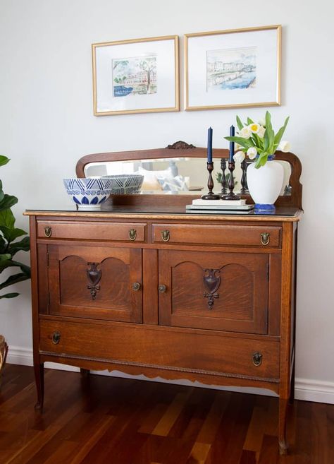 Antique Wood Furniture Living Room, Styling Antique Sideboard, Antique Sideboard Styling, Style Antique Furniture, Buffet Table Antique, Antique Buffet Styling, Antique Sideboard Decor, Wall Decor Above Buffet Table, Vintage Sideboard Styling