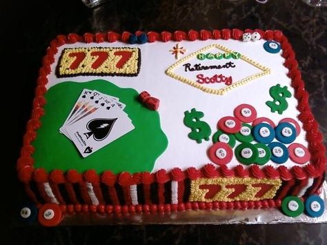 vegas retirement cakes | Sheet chocolate and yellow cake with buttercream icing. Poker ... Casino Cake Ideas For Men, Casino Night Cake, Casino 21st Birthday Cake, Gambling Cake Ideas, Casino Theme Sheet Cake, Casino Cake, Game Cake, Fiftieth Birthday, Slot Machine Cake