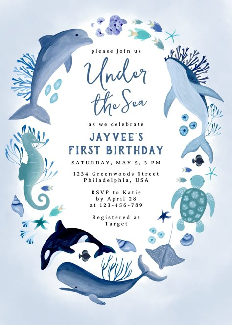 Under the Sea Blue Boy First Birthday Invitation Deep Sea Ocean, Ocean Theme Birthday, Ocean Birthday Party, Ocean Birthday, 1st Birthday Themes, Birthday Themes For Boys, Ocean Party, Sea Birthday Party, First Birthday Themes