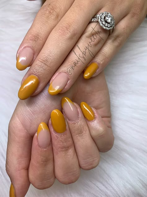 Mustard Yellow Almond Nails, Mustard French Tip Nails, Mustard Yellow French Tip Nails, Mustard Nail Polish, Dark Yellow Nails Fall, Mustard Yellow Fall Nails, Yellow Mustard Nails, Mustard Yellow Nails Fall, Modern French Manicure Almond Nails