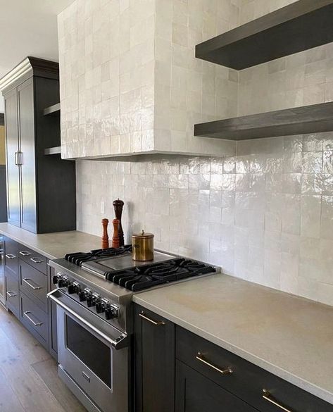 Tiled Oven Hood, Zellige Tile Kitchen Dark Cabinets, Tiled Stove Hood, Tiled Hood Kitchen, Tiled Extractor Hood, Zellige Splashback, Tile Hood, Zellige Kitchen, Tiles Of Ezra