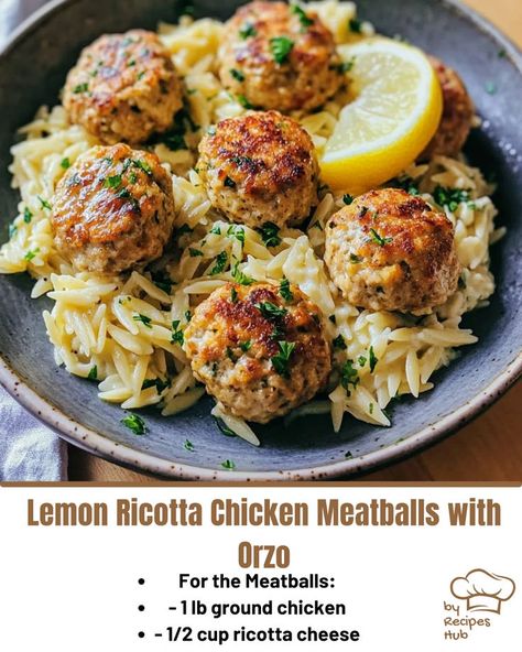 Lemon Chicken Ricotta Meatballs with Garlic Orzo Orzo Meals Main Dishes, Lemon Chicken Ricotta Meatballs Orzo, Lemon Chicken Ricotta Meatballs With Garlic Orzo, Healthy Dinner With Ricotta, Lemon Ricotta Meatballs With Orzo, Orzo Meatball Bake, Lemon Orzo Meatball, Chicken Lemon Ricotta Meatballs, Lemon Garlic Chicken Meatballs