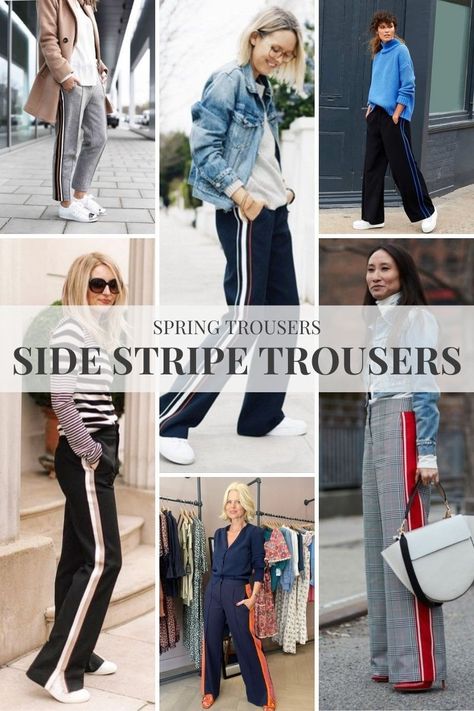 Tired of wearing jeans but struggle to find other casual options? These side stripe trousers are the perfect nod to the athleisure trend. They offer a comfortable yet stylish update to traditional tracksuits, and are perfect for those who want to stay on-trend this spring. Styling Side Stripe Pants, Wide Leg Side Stripe Pants Outfit, Side Stripe Wide Leg Trousers, Black Side Stripe Pants Outfit, Wide Leg Side Stripe Trousers Outfit, Striped Track Pants Outfit, Jeans With Stripe On Side, Pants With Stripes On Side Outfit, Wide Leg Joggers Outfit Casual