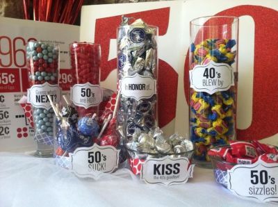 Candy buffet for 50th birthday party decorations.  See more decorations and 50th birthday party ideas at www.one-stop-party-ideas.com Candy Bar Ideas 40th Birthday, 50 Blows Ideas, Kiss Your 60's Goodbye, Kissing My 40s Goodbye Party Ideas, 50th Birthday Candy Bar Ideas, Kiss Your 40s Goodbye, 50th Birthday Favors Ideas, 50th Birthday Celebration Ideas, 50 Party