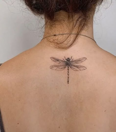 Shaded Dragonfly Tattoo, Dragonfly Tattoo On Neck, Neck Tattoos For Girls, Dragonfly Tattoo Aesthetic, Dragonfly Tattoo On Ribs, Dragonfly Tattoo Back Shoulder, Dragonfly Back Tattoo, Back Of Neck Tattoos, Back Of The Neck Tattoos