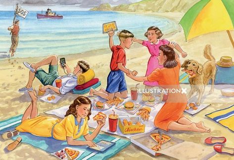 Pastiche artwork of family picnic Children's Books Illustration, Vacation Illustration, Family On Vacation, Composition Drawing, Beach Drawing, Composition Painting, Books Illustration, Scene Drawing, Art Friend