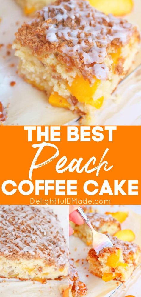 Peaches, fresh pecans and delicious crumb topping come together in this amazingly moist and easy coffee cake! Perfect for a morning treat, or an easy dessert. This cake will be your new favorite summer dessert! | Delightful E Made Peach Pie Filling Coffee Cake, Desserts To Make With Fresh Peaches, Peach Cream Cheese Coffee Cake, Baking With Fresh Peaches, Peach Cobbler Coffee Cake, Fruit Filled Coffee Cake, Peach Sour Cream Coffee Cake, Peach Streusel Cake, Baking With Canned Peaches