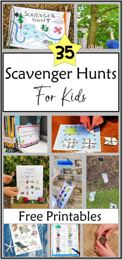 The image shows ten images of various scavenger hunts.  From a pirate type map, to outdoor hunts in trees to printable lists and puzzles, the images show both hands on scavenger hunts and printable pages. Treasure Hunt Kindergarten, Preschool Treasure Hunt, Scavenger Hunt Ideas For Kids Birthday, Treasure Hunt Clues For Kids Outdoor, Outdoor Scavenger Hunt Ideas For Kids, Treasure Hunt Games For Kids, Scavenger Hunt Ideas For Kids Outdoor, Diy Treasure Hunt, Adventure Activities For Kids