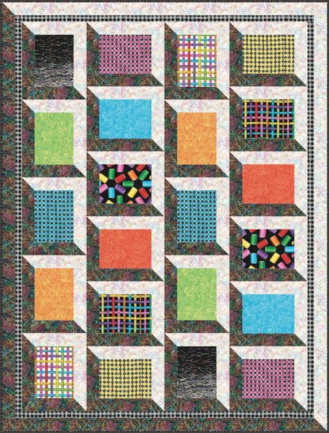 *free* pattern:  "Shadow Box" by Stitched Together Studio for Benartex Shadow Quilts, Illusion Quilts, Window Quilts, Attic Window Quilts, Attic Windows, Optical Illusion Quilts, Attic Window, Shirt Quilts, 3d Quilts