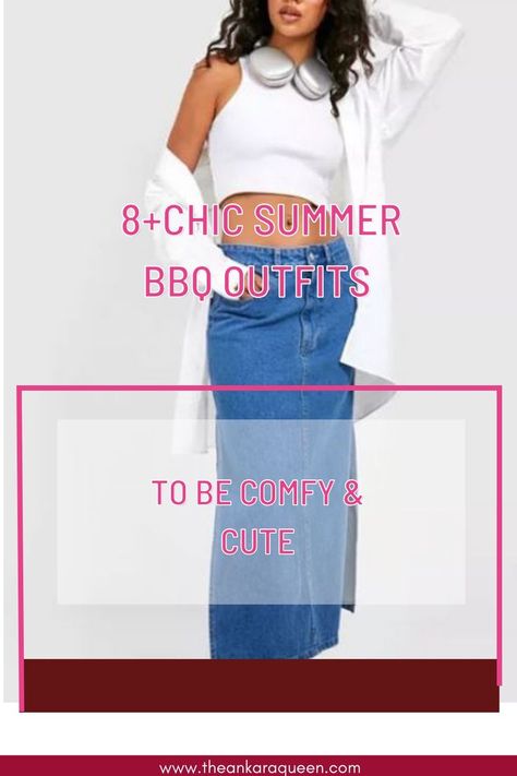 A cropped image of a woman wearing a cropped white tank top under a long white button down dress short. She wears a blue denim maxi skirt with a pair of headphones around her neck. Bbq Outfit Ideas Casual, Bbq Outfit Ideas Summer, Outfits For Midsize Women, Outfits For Midsize, Outfit Ideas For The Summer, Bbq Outfit Ideas, Style A Denim Skirt, Summer Bbq Outfit, Midsize Women