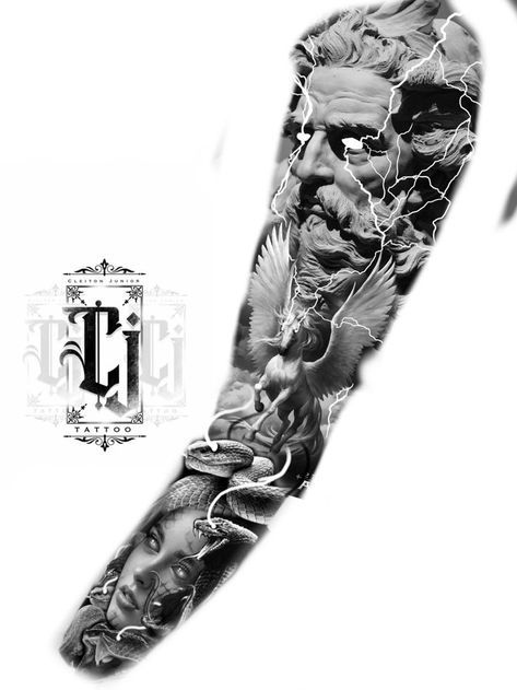 Greek Themed Tattoo Sleeve, Greek God Tattoo, Arm Tattoos Drawing, Lightning Tattoo, Tattoos Drawing, Full Sleeve Tattoo Design, Greek Mythology Tattoos, Full Arm Tattoos, God Tattoos