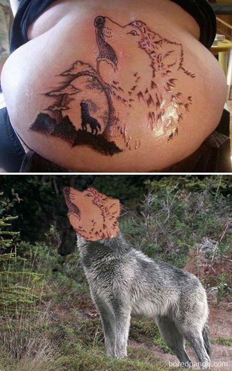 I can't tell if that wolf is howling or gagging... Spiderman Tattoo, Tattoo Fails, Weird Tattoos, Celebrities Before And After, Bad Tattoos, Face Swaps, Funny Tattoos, Beauty Standards, Life Tattoos