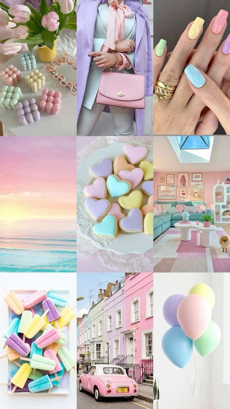 Preppy Color Palette Aesthetic, Pastel Collage Wallpaper, Candy Color Palette, Pastel Collage, Girl Wallpapers, Girly Wallpapers, Collage Wallpaper, Photographie Portrait Inspiration, Vsco Girl