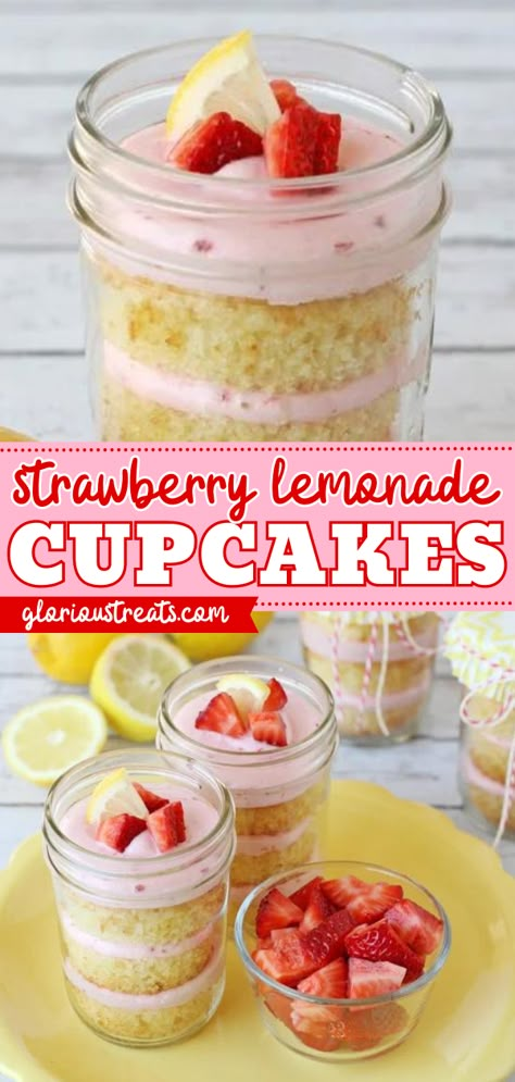 Learn how to make Strawberry Lemonade Cupcakes for the best summer dessert idea! These sweet homemade cupcakes in a jar also make a great addition to your quick and easy 4th of July dessert idea! Cake In Jar Ideas, No Bake Jar Desserts, Cake Jar Recipes, Cake Jars Ideas Dessert Recipes, Cake Jars Ideas, Strawberry Cheesecake In A Jar, Cake In A Jar Recipe, Cake In Jar, Best Cupcake Recipe