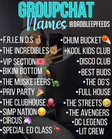 Insta- badbleepfeeds Group Chat Names For 4 Friends, Groupchat Names Ideas, Group Chat Ideas, Cute Contact Names, Contacts Names, Contact Name Ideas, Funny Group Chat Names, Cute Snapchat Names, Funny Contact Names