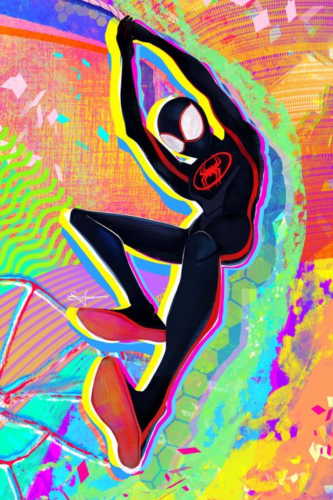 Miles Morales Spiderman Fanart, Spider Man Into The Spider Verse Drawing, Miles Morales Pop Art, Miles Morales Illustration, Spider Man Pop Art, Spiderman Into The Spiderverse Art Style, Spider Verse Painting, Spiderman Across The Spider Verse Art, Spiderman Miles Morales Art