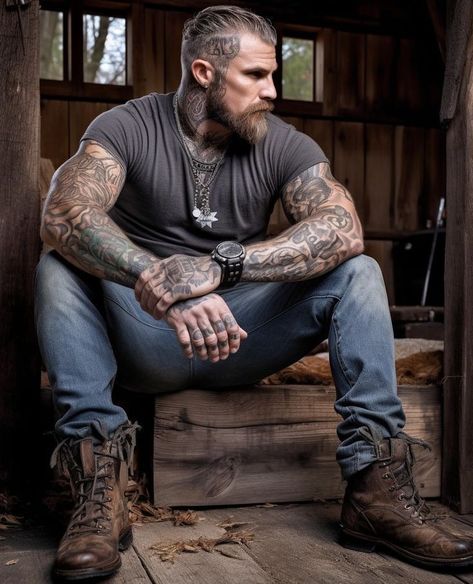 Rugged Tattoo Men, Rugged Motorcycle Style Men, Hot Biker Men, Ruffle Shirt Men, Biker Outfit Men, Biker Style Men, Lumberjack Men, Airy Styles, Dress Wallpaper