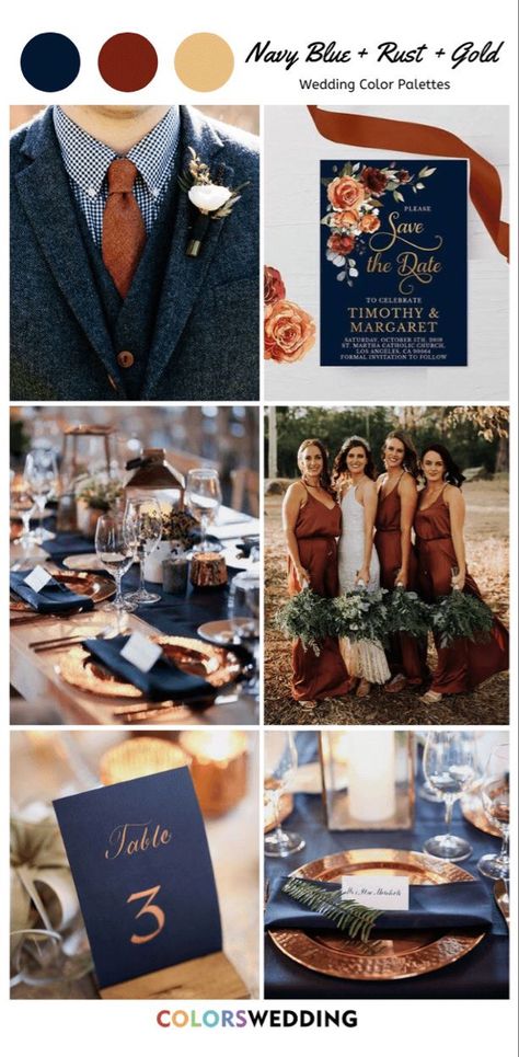 Navy Rust And White Wedding, Navy Copper Gold Wedding, Cooper And Navy Blue Wedding Colors, Rust And Navy Bridesmaid Dress, Rust And Navy Wedding Party, Navy And Gold Bridesmaid Dresses, Cinnamon And Navy Wedding, Navy And Rust Wedding Decor, Rust And Gold Wedding