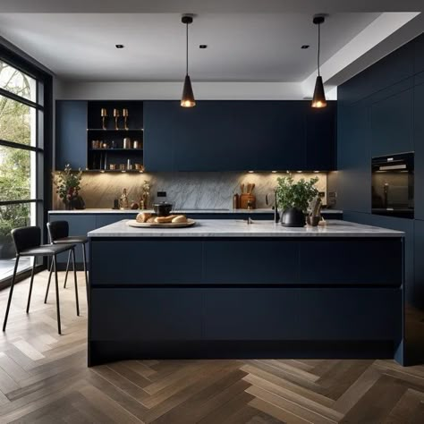 Kitchen Ideas Navy Blue Cabinets, Matt Navy Kitchen, Monochrome Blue Kitchen, Modern Dark Blue Kitchen, Navy Kitchen With Island, Kitchen Cabinet Navy Blue, Blue Navy Kitchen, Dark Navy Kitchen Cabinets, Navy Blue Cabinets Kitchen