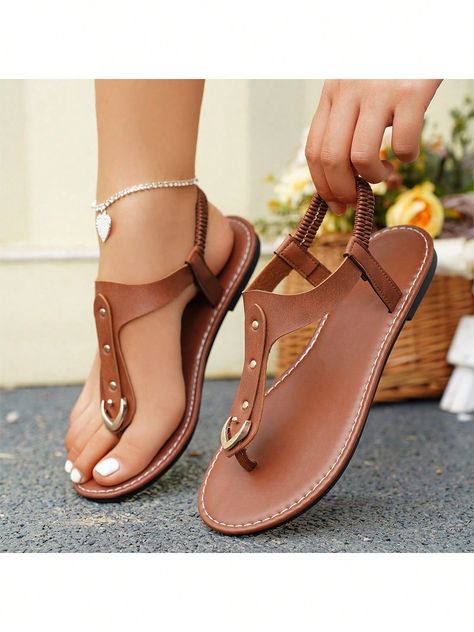 Women's Slip-On Round Toe Flat Sandals With Studs, Hollow Out Anti-Skid Open Toe Flat Sandals, Outdoor Flat SlippersI discovered amazing products on SHEIN.com, come check them out! Comfortable Wedges Sandals, Women Flat Sandals, Comfortable Wedges, Chestnut Leather, Leather Slippers, Sport Sandals, Womens Sandals Flat, Strap Design, Incheon