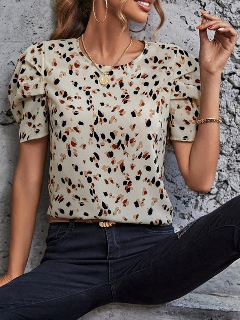 Allover Print Puff Sleeve Blouse | SHEIN USA Short Sleeve Blouses, Leather Blouse, Spring Blouses, Women Blouses Fashion, Blouse Designs Latest, Elegant Blouses, Puff Sleeve Blouse, Women Blouses, Dressy Tops