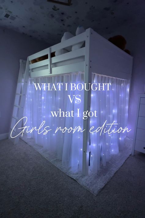 Curtain Loft Bed, Decorating Under Loft Bed, Girls Room Loft Bed Ideas, Loft Bed With Reading Nook Underneath, Loft Bed Turned Playhouse, Loft Bed Aesthetic Room Ideas, Loft Bed Canopy Ideas, How To Decorate Loft Bed, Loft Bed Lights