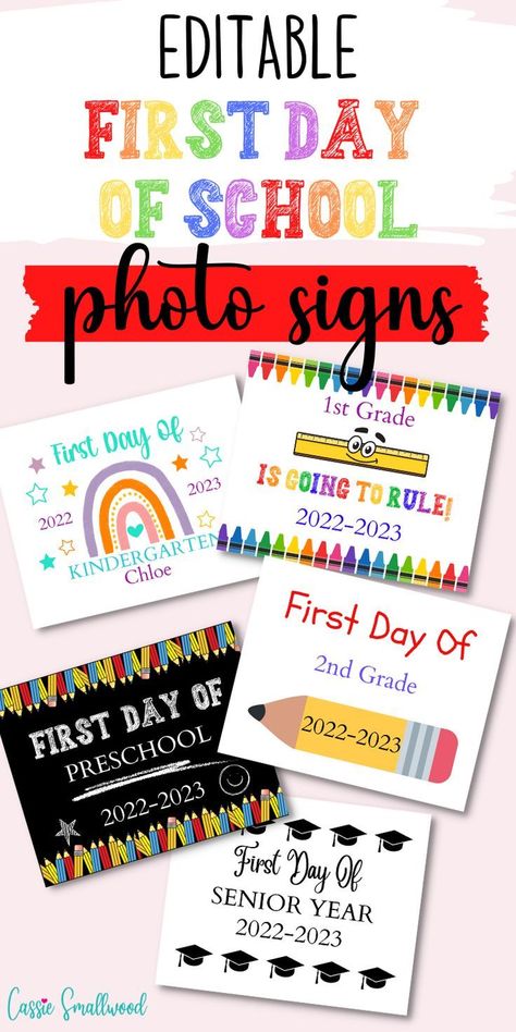 5 Editable First Day Of School Signs Free Printable 2022-2023 - Cassie Smallwood in 2022 | School signs, First day preschool sign, First day school sign School Pictures Ideas, School Sign Ideas, First Day Preschool Sign, Homeschool First Day, First Day Preschool, 1st Day Of School Pictures, First Day School Sign, Free School Printables, Welcome To Preschool