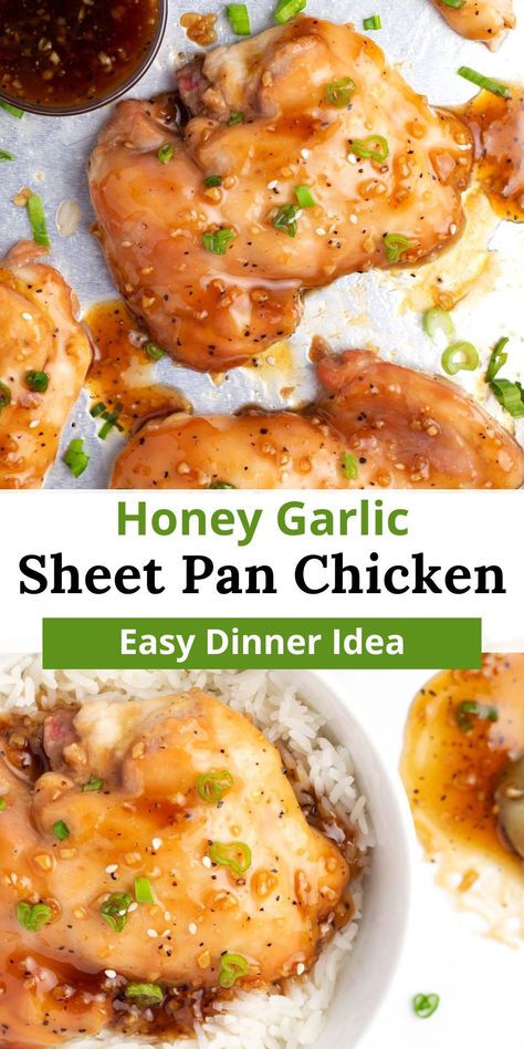 Easy Weeknight Sheet Pan Chicken: Enjoy this honey garlic chicken recipe featuring boneless, skinless chicken thighs baked in a sweet & sticky glaze. Quick to make, this 25-minute meal requires just a few ingredients and is perfect served over rice! Boneless Skinless Chicken Thigh Recipes Honey Garlic, Boneless Chicken Thigh Recipes Sheetpan, Honey Garlic Chicken Without Soy Sauce, Boneless Skinless Chicken Thigh Recipes Asian, Baked Chicken Thigh Recipes Boneless, Honey Garlic Chicken Sheet Pan, Easy Boneless Skinless Chicken Thigh Recipes, Boneless Skinless Thighs Recipe, Boneless Skinless Chicken Thigh Recipes Baked Soy Sauce