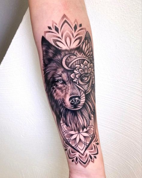 Wolf tattoo with dotwork mandala and ornaments #woxtattoo #wolftattoo #wolf #mandalatattoo #mandala #mandalaart #mandalaartist #dotworktattoo #madrid #madridtattoo Madrid tattoo Animal Mandala Tattoo, Mandala Wolf, Mandela Tattoo, Dotwork Mandala, Madrid Tattoo, Thigh Tat, Thigh Piece, Wolf Tattoo Design, Dot Work Tattoo