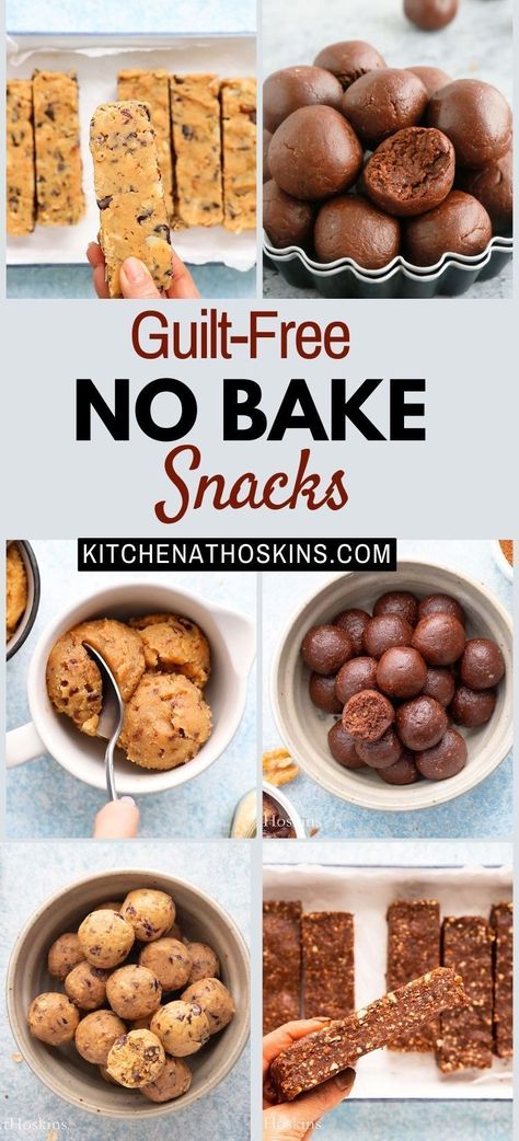 Discover healthy no bake snack recipes that are guilt free and perfect for kids to make and eat. If you are looking for healthy treats using dates, nuts, chocolate, peanut butter or oats, then you are sure to find ideas for clean eating, vegan, gluten free or healthy snack ideas at kitchenathoskins.com. Healthy Snack Bars Recipes Clean Eating, Easy Homemade Fruit Snacks, Peanut Butter Snacks For Kids, Healthy Soft Snacks, Make Ahead Protein Snacks, Healthy Snacks For Stoners, Healthy Snacks Oats, Healthy Snacks For Family, Homemade Kid Snacks Healthy