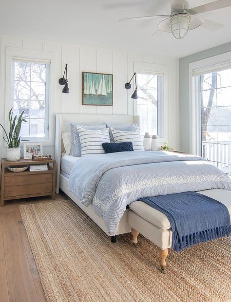 white upholstered bed lake house master bedroom blue and white #lakehouse #master bedroom #bedroomdesign