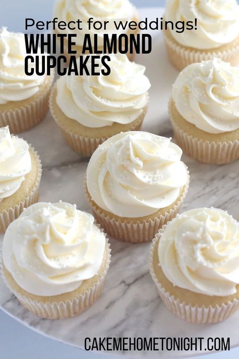 White Almond Cupcakes taste just like wedding cake! Moist, white, almond-flavored cupcakes swirled with almond buttercream frosting. Wedding Cupcakes Ideas Flavors, Wedding Cupcake Frosting, White Icing Cupcakes, Wedding Cake Flavor Recipe, Wedding Cake Flavored Cupcakes, Wedding Cake Cookies Recipe, Wedding Cake Flavored Cookies, Mini Wedding Cake Cupcakes, Birthday Cake Flavored Cupcakes