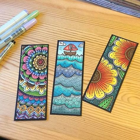 Zentangled Bookmarks - hand-drawn on watercolor paper with Pitt pens then colored with Copic markers Zantangle Art, Zentangle Designs, Doodle Inspiration, Tangle Art, Zentangle Drawings, Doodles Zentangles, Mandala Design Art, Zen Art, Zen Doodle