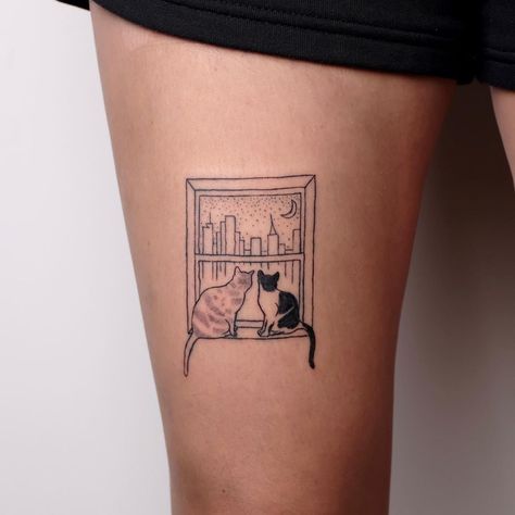 Cat Linework Tattoo, Patchwork Cat Tattoo, Useful Tattoos Ideas, Linework Cat Tattoo, Cat Patchwork Tattoo, Line Work Cat Tattoo, Cat Stamp Tattoo, Cat Window Tattoo, Book And Cat Tattoo