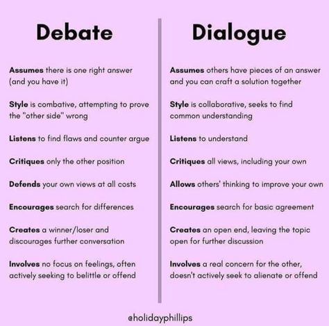 Neither is good or bad or right or wrong. Sometimes, debate is the more effective approach. In relationship, however, dialogue is generally the preferred way to go. When your family doesn't seem connected, maybe it's time to dialogue instead of debate. Download my free Teen Talk Tactics conversation guide at saradeacon.com/tactics to get started. #debate #dialogue #relationships #adultingisfun Teaching Debate, Debate Tips, English Debate, Debate Club, Speech And Debate, Wise Up, Depth Of Knowledge, Best Speeches, Can Crafts