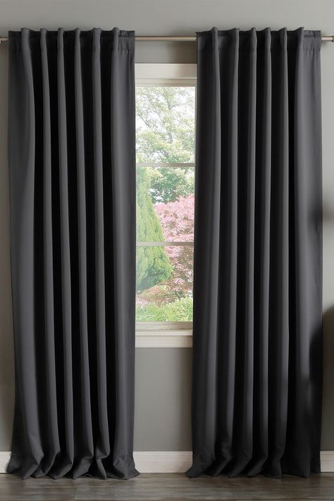 Black Curtains In Bedroom, Bedroom Black Curtains, Bedroom Aesthetic Black, Curtains In Bedroom, Grey Curtains Bedroom, California Bedroom Style, Grey Curtains Living Room, Dark Grey Curtains, Black Blackout Curtains