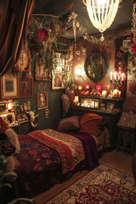 Whimsigoth Bedroom Green, Magical Decor Home, Witches House Interior, Dark Green Whimsigoth Bedroom, Fantasy Inspired Home Decor, Dark Whimsical Decor, Dark Witchy Bedroom Ideas, Gothic Witchy Bedroom, Maximalist Decor Small Spaces Bedroom