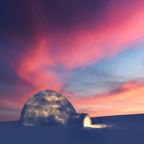 Real snow igloo house in the winter mountains glowing by evening sunlight stock image Igloo Under Northern Lights, Igloo Fantasy Art, Northern Lights Glass Igloo, Colorful Ice Igloo, Igloo House, Finland Igloo Northern Lights, Purple Sunset, Winter Mountain, Winter Painting