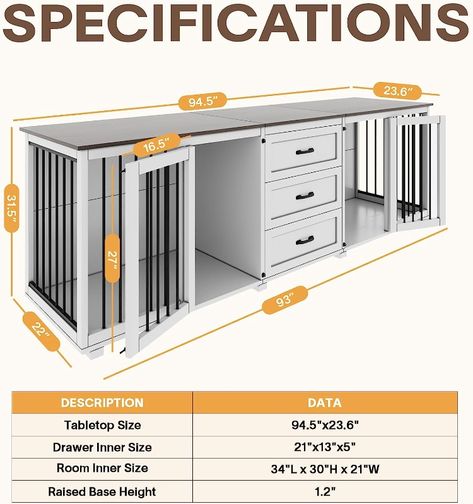 The large dog crate's oversized 95" x 24" tabletop can hold up to 60 pounds. 
The heavy duty dog crate is equipped with 3 drawers in the upper part of the crate, which is plenty of room to store dog toys, leashes and other supplies.
The crate cage bars are made of rugged steel. Your pet will have a full 180-degree view of the full room when inside. Dog crate doors are equipped with door locks. The bottom feet have felt that is designed to prevent slipping and scratching of floors. Room Division Ideas, Dog Crate Tv Stand, Built In Dog Crate, Crate Tv Stand, Room Division, Diy Dog Beds, Kennel Furniture, Heavy Duty Dog Crate, Dream House Inspiration