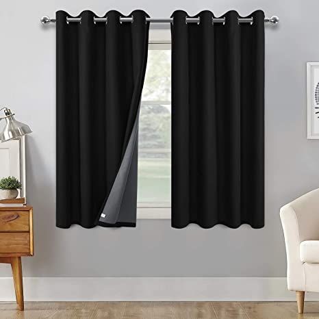 DWCN 100% Blackout Curtains with Back Coating Thermal Insulated Room Darkening Faux Linen Curtain for Bedroom Living Room, Black, W 52 x L 45 inch Length, Set of 2 Panels Kids Blackout Curtains, Small Window Curtains, Linen Curtain Panels, Window Size, Short Curtains, Insulated Curtains, Black Curtains, Small Windows, Lined Curtains