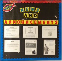 News and Announcements Bulletin Board Bulletin Board Information Center, Work Announcement Board, School News Bulletin Board Ideas, Announcement Board, Engagement Board, Office Bulletin Boards, High School Bulletin Boards, Work Bulletin Boards, Wellness Board