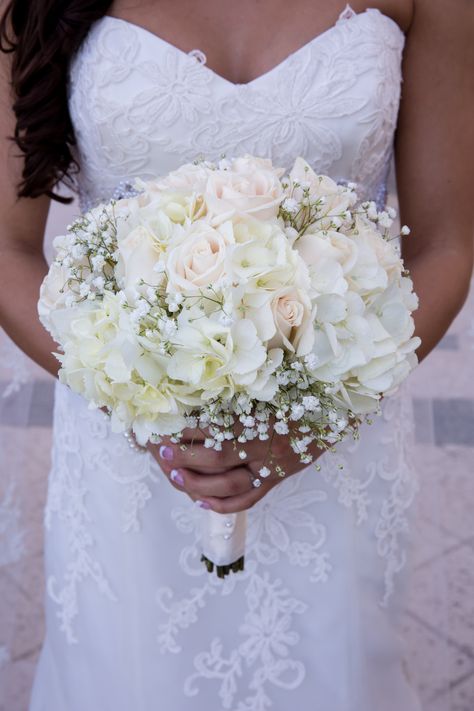 White Rose, Hydrangea and Baby's Breath Bouquet White Hydrangea Bouquet, Baby's Breath Bouquet, Homecoming Flowers, Hydrangea Bouquet Wedding, Bridesmaid Saree, Rose Bridal Bouquet, Cherry Blossom Wedding, Wedding Bouquets Bride, Bridal Bouquet Flowers