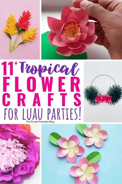 Luau Crafts For Adults, Hawaiian Crafts For Adults, Hawaiian Luau Party Decorations Diy, Diy Luau Party Decorations, Aloha Summer Crafts For Kids, Class Luau Party For Kids, Diy Tropical Paper Flowers Easy, Tissue Paper Flowers Luau, Luau Crafts