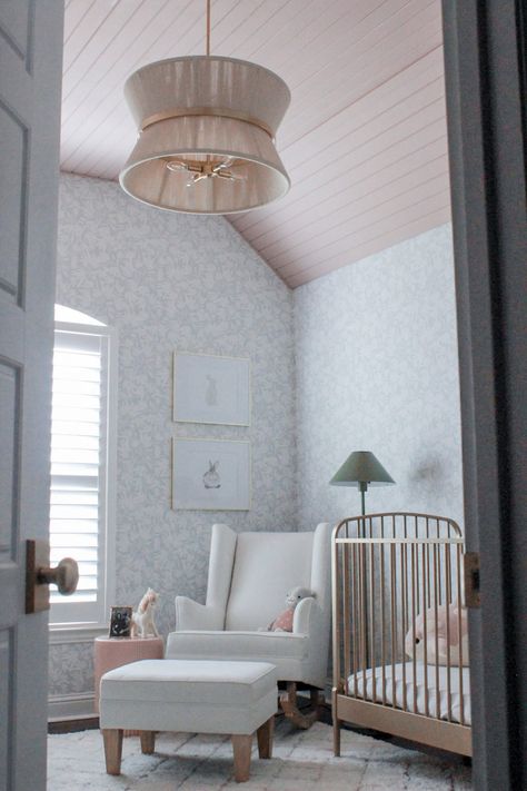 Schumacher Wallpaper Nursery, Classic Nursery Ideas Neutral, Nursery Pink Wallpaper, April Tomlin Nursery, Shiplap Ceiling Nursery, Antique Nursery Wallpaper, Grasscloth Wallpaper Nursery, Beadboard Ceiling Nursery, Serena And Lily Wallpaper Nursery