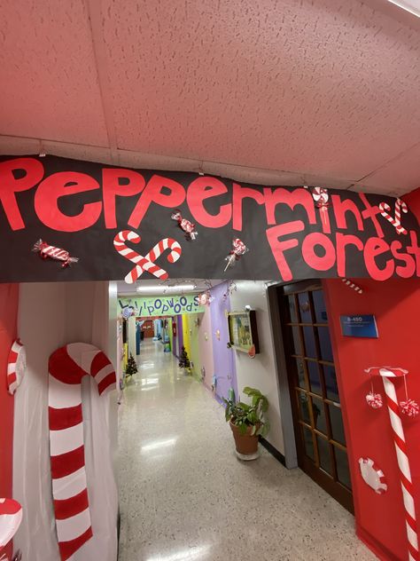 Gumdrop Pass Candy Land, Peppermint Hallway Decorations, Candyland Hoco Theme, Peppermint Forest School Hallway, Peppermint Forest Decorations School, Candy Land School Hallway, Candyland Door Decorations For School, Candy Land Door Decorations, Candyland Hallway