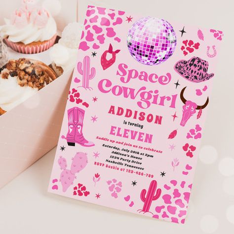 Disco Space Cowgirl Pink Rodeo Birthday Party for $3.08 - Birthday Invitations Disco Rodeo Party, Pink Disco Cowgirl Party, Space Cowgirl Birthday Party, Space Cowgirl Birthday, Disco Space Cowgirl, Birthday Party Cowgirl, Space Cowgirl Party, Birthday Party Disco, Pink Disco Cowgirl